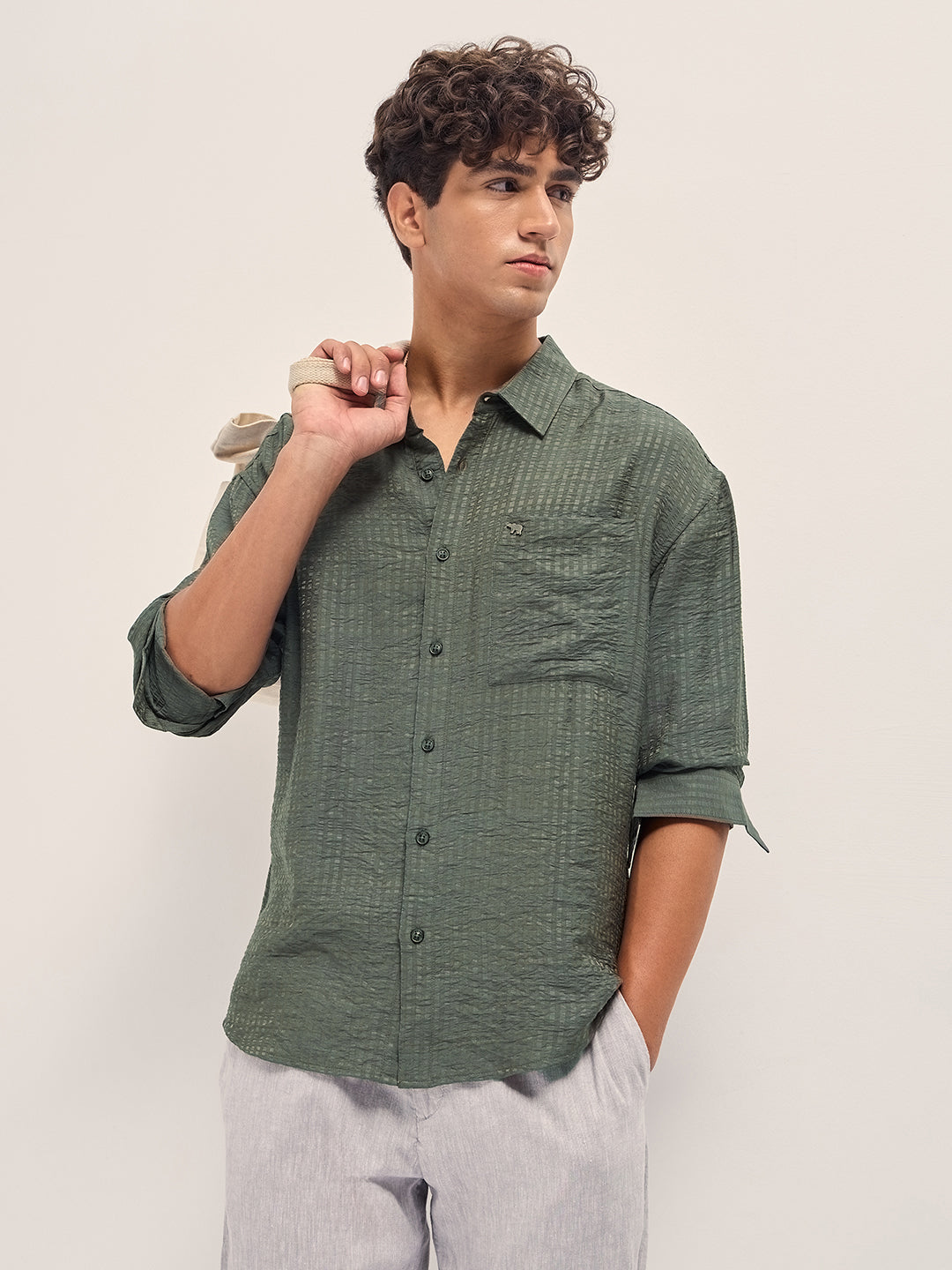 Green Crinkled Stripe Textured Relaxed Fit Long Sleeve Shirt