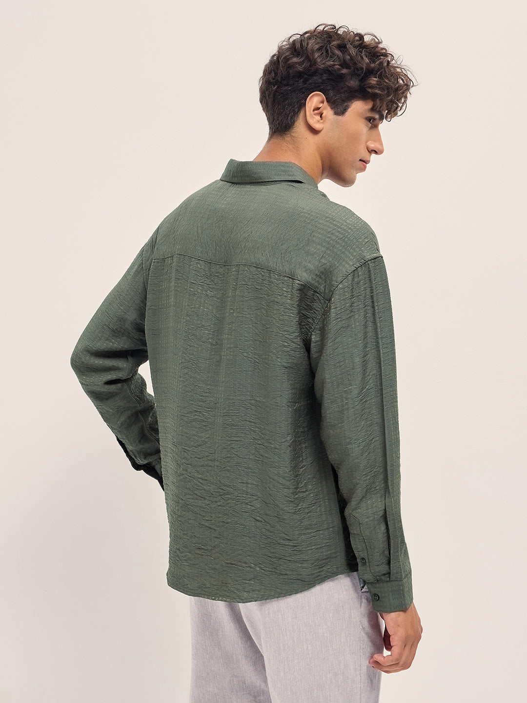 Green Crinkled Stripe Textured Relaxed Fit Long Sleeve Shirt