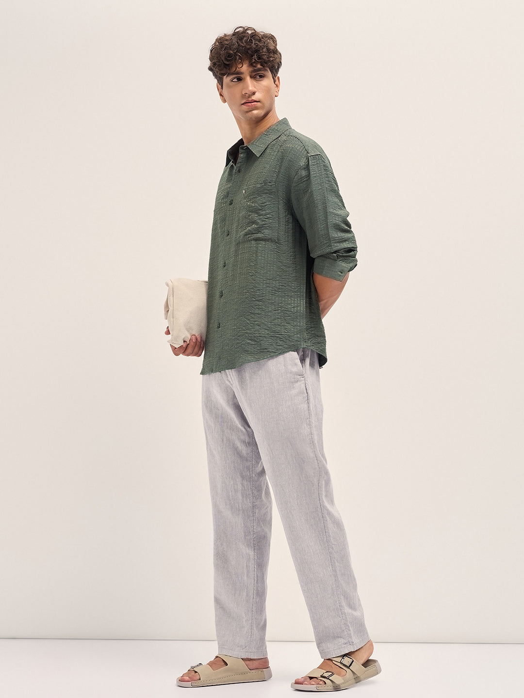 Green Crinkled Stripe Textured Relaxed Fit Long Sleeve Shirt