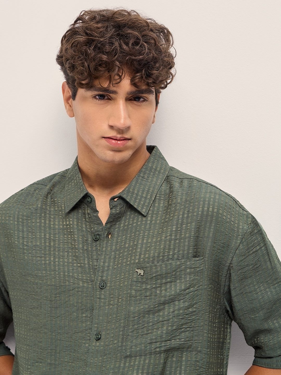 Green Crinkled Stripe Textured Relaxed Fit Long Sleeve Shirt