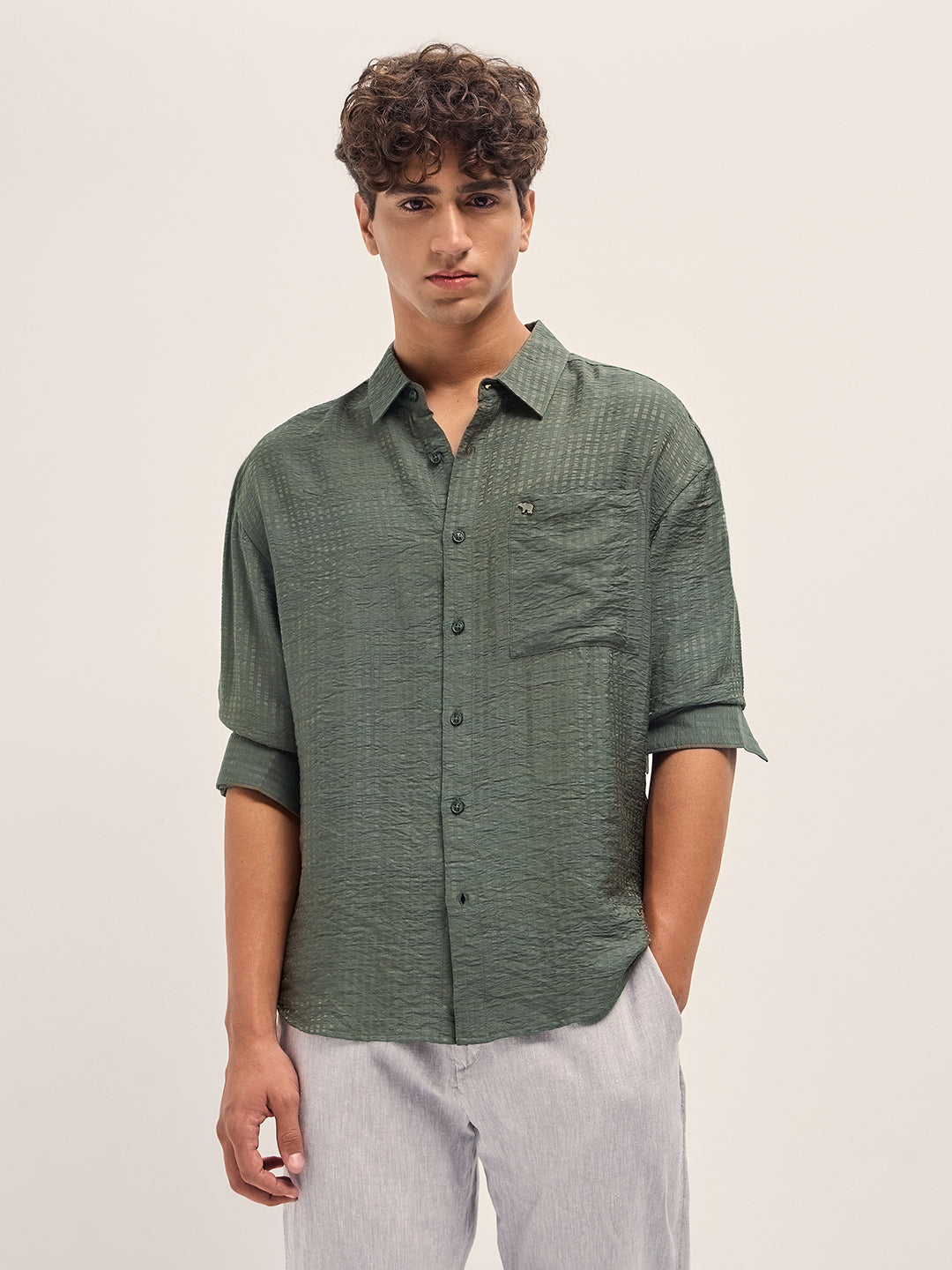 Green Crinkled Stripe Textured Relaxed Fit Long Sleeve Shirt