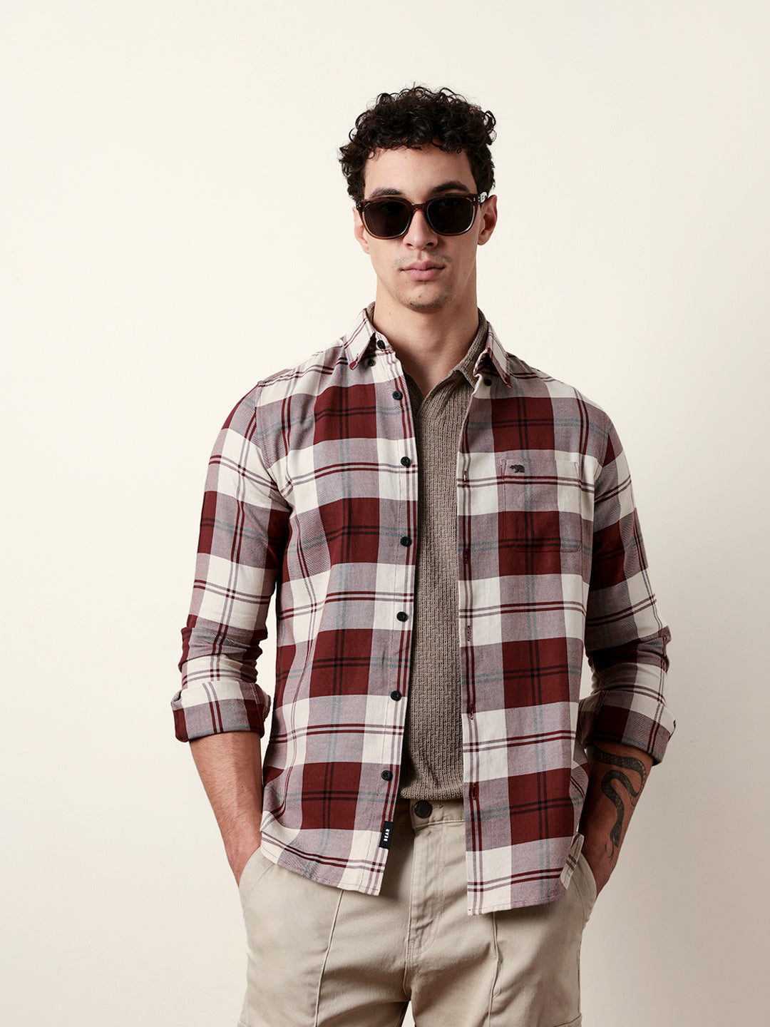 Maroon & Cream Woven Checked Slim Fit Casual Shirt