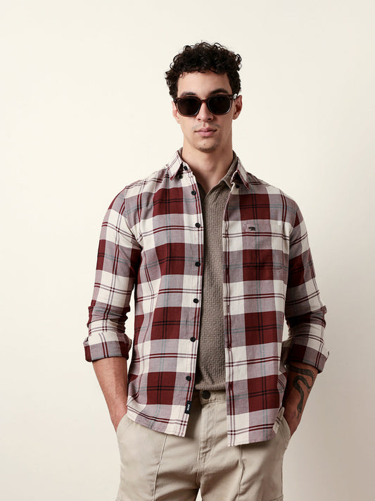 Maroon & Cream Woven Checked Slim Fit Casual Shirt