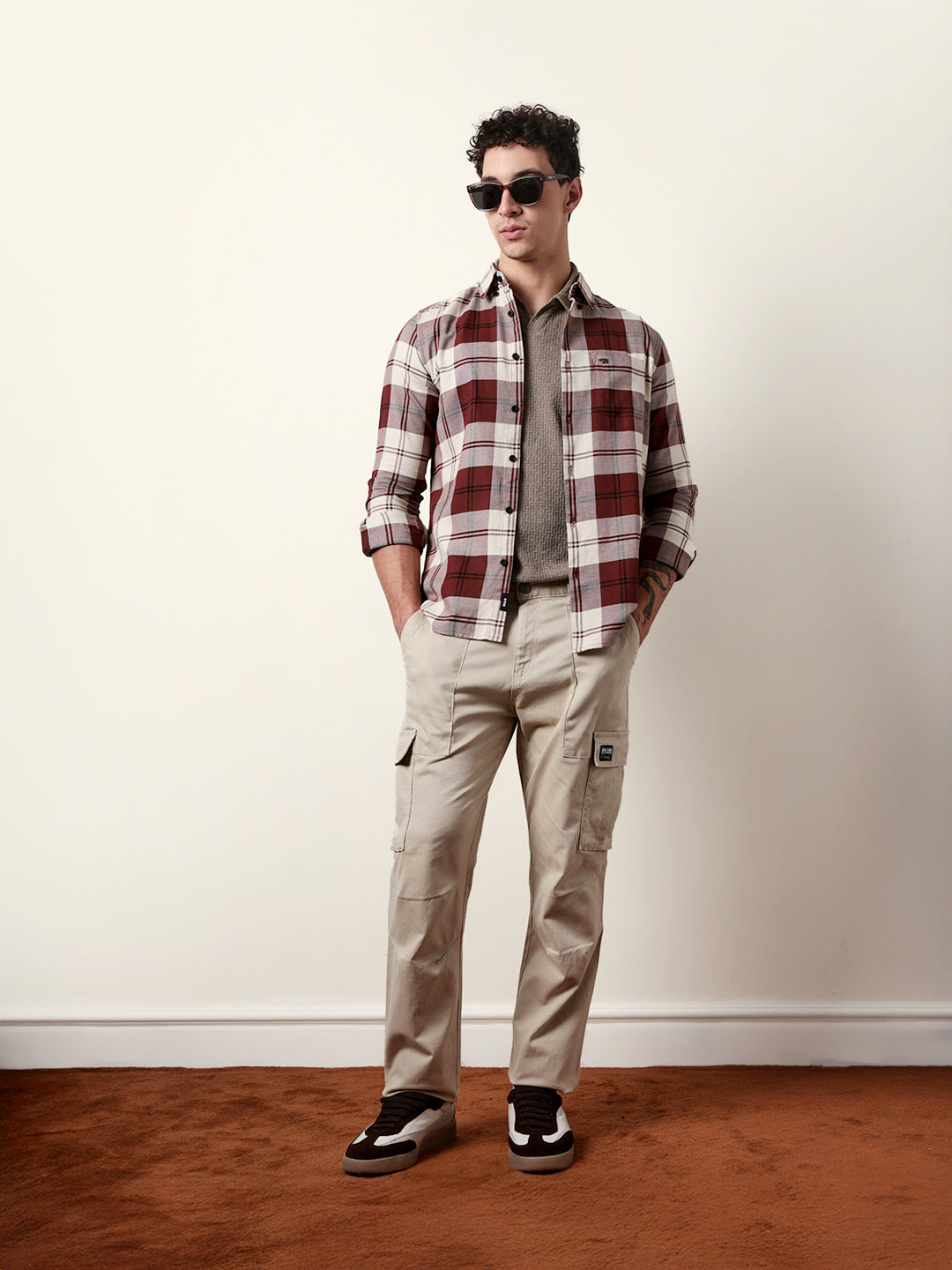 Maroon & Cream Woven Checked Slim Fit Casual Shirt