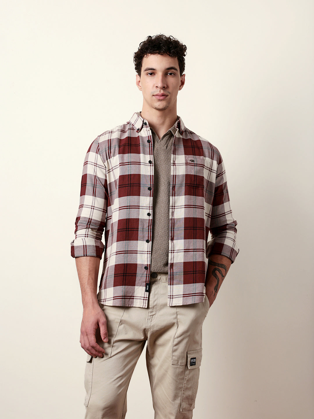 Maroon & Cream Woven Checked Slim Fit Casual Shirt