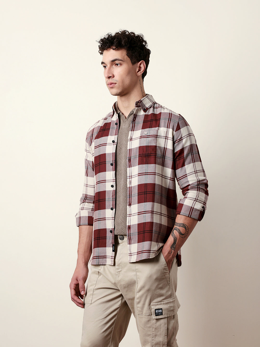 Maroon & Cream Woven Checked Slim Fit Casual Shirt