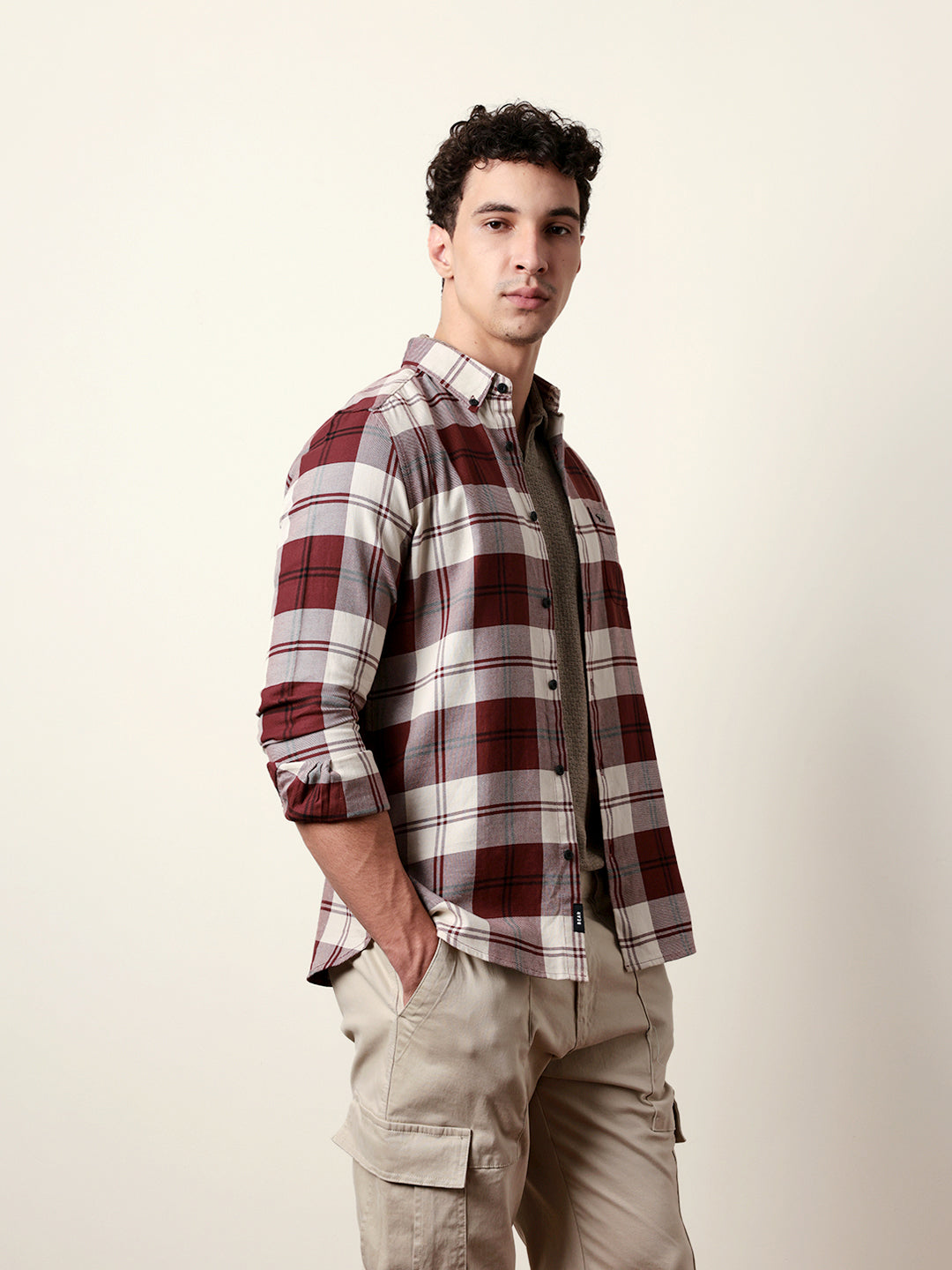 Maroon & Cream Woven Checked Slim Fit Casual Shirt