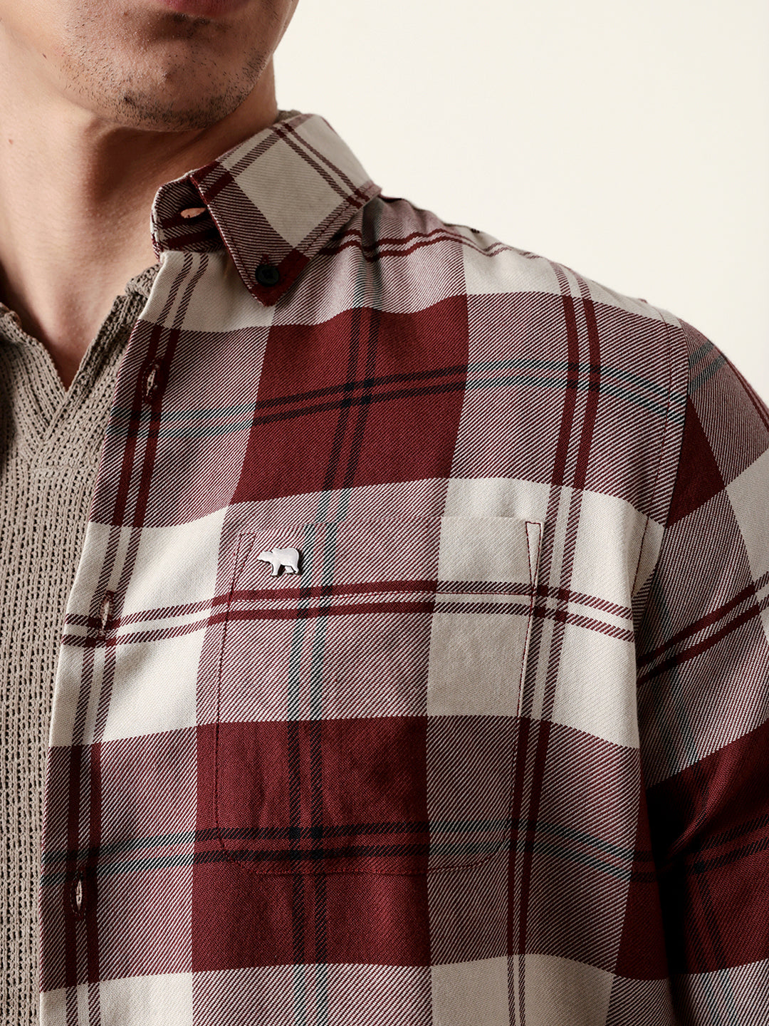 Maroon & Cream Woven Checked Slim Fit Casual Shirt