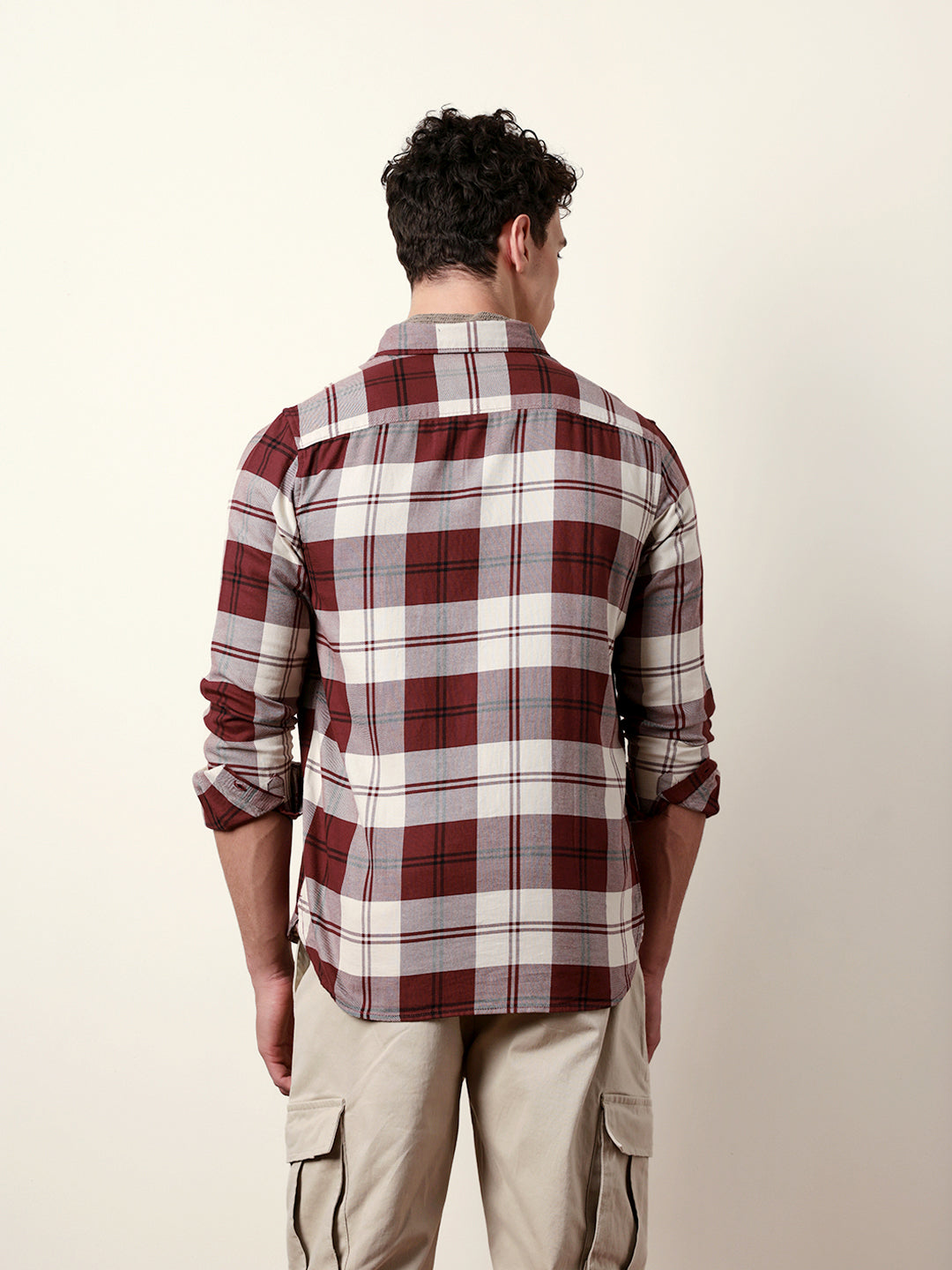 Maroon & Cream Woven Checked Slim Fit Casual Shirt
