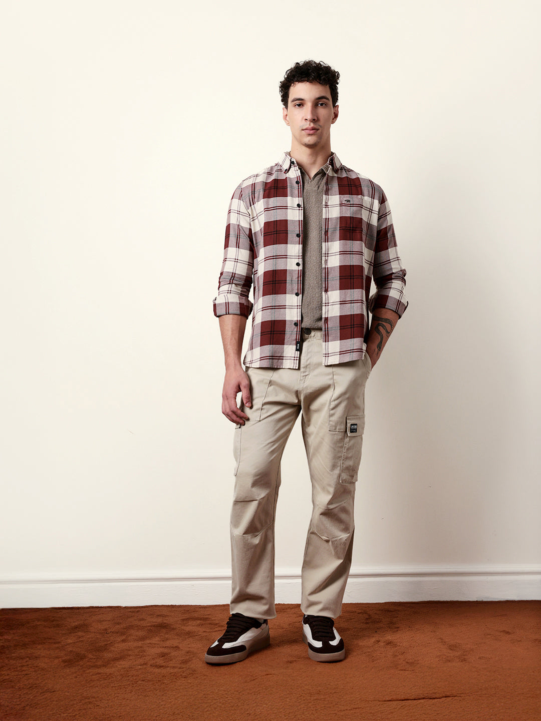 Maroon & Cream Woven Checked Slim Fit Casual Shirt