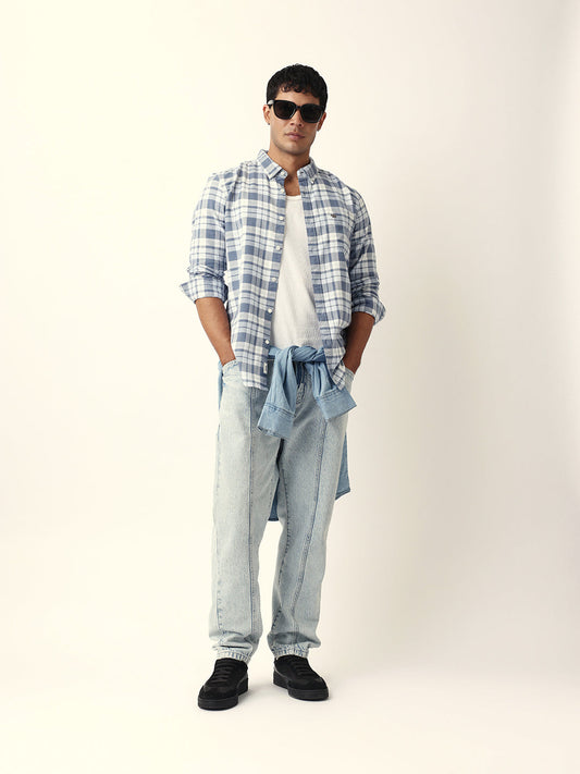 White with Blue Woven Tartan Checked Slim Fit Casual Shirt
