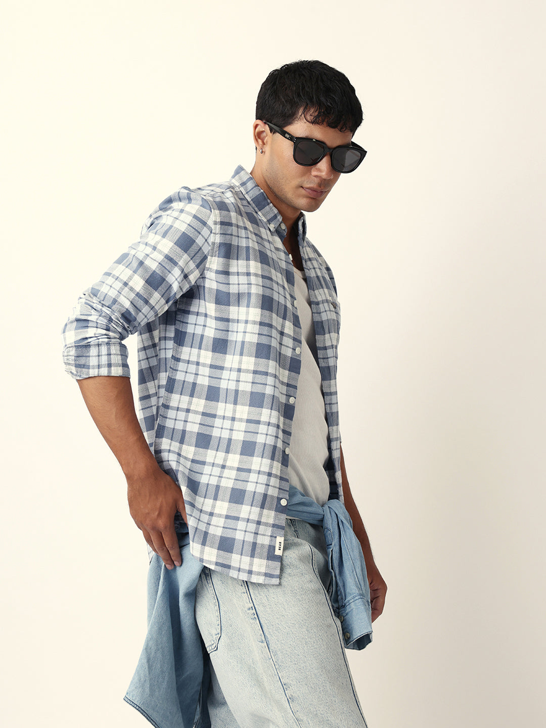 White with Blue Woven Tartan Checked Slim Fit Casual Shirt