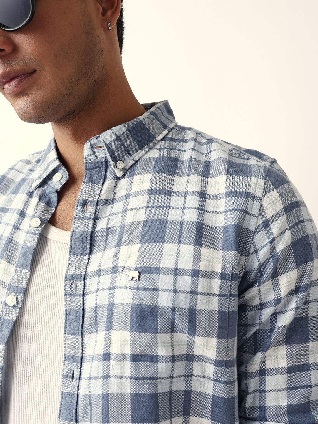 White with Blue Woven Tartan Checked Slim Fit Casual Shirt