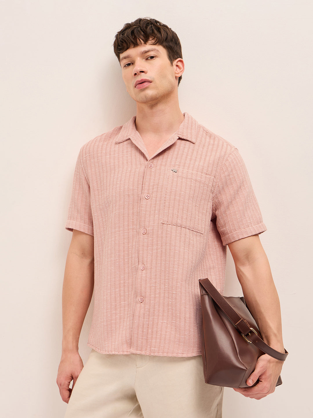 Peach Textured Relaxed Fit Half-Sleeve Casual Shirt