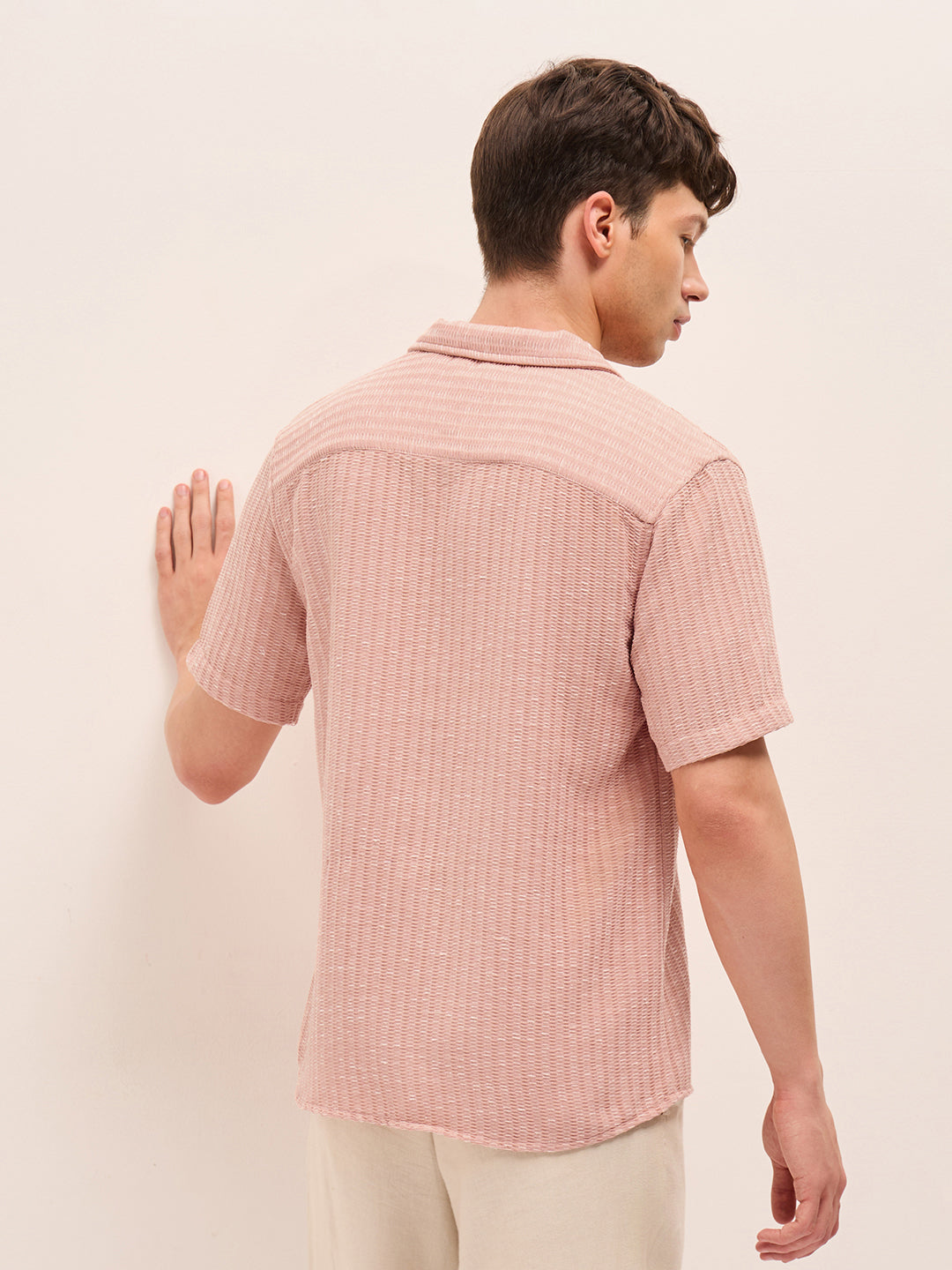 Peach Textured Relaxed Fit Half-Sleeve Casual Shirt