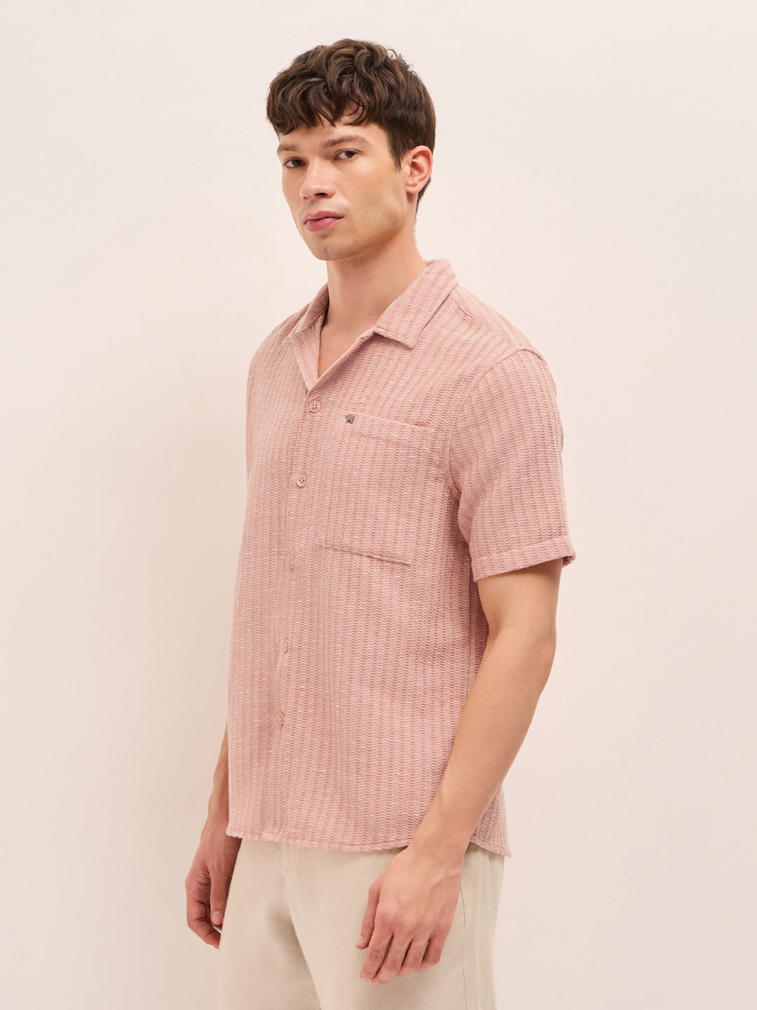 Peach Textured Relaxed Fit Half-Sleeve Casual Shirt