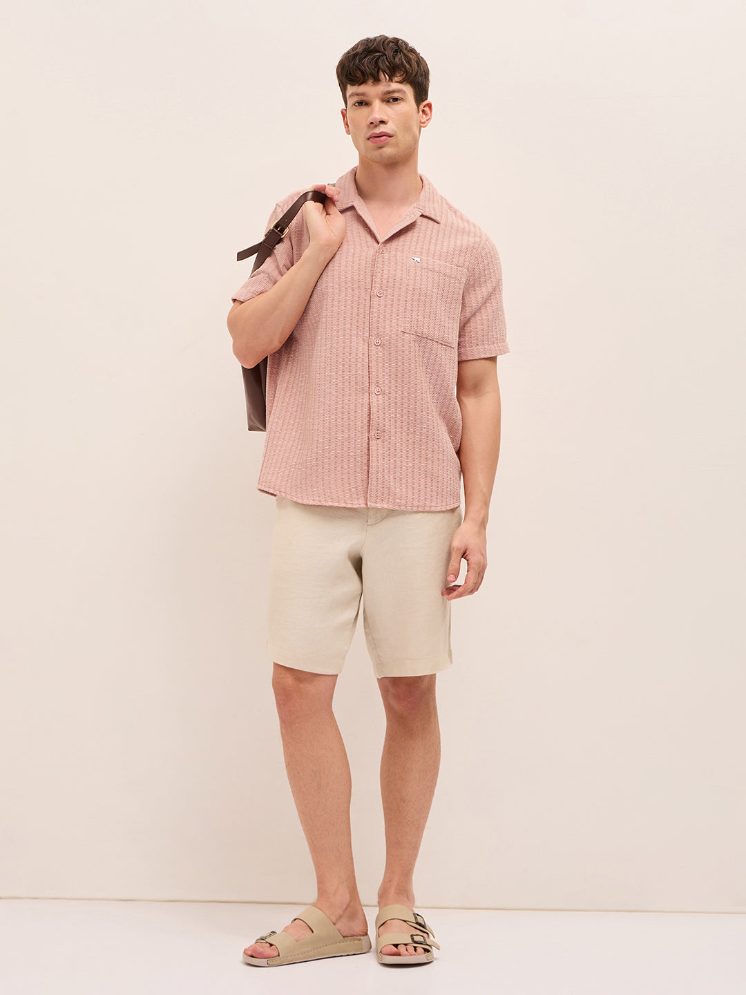 Peach Textured Relaxed Fit Half-Sleeve Casual Shirt