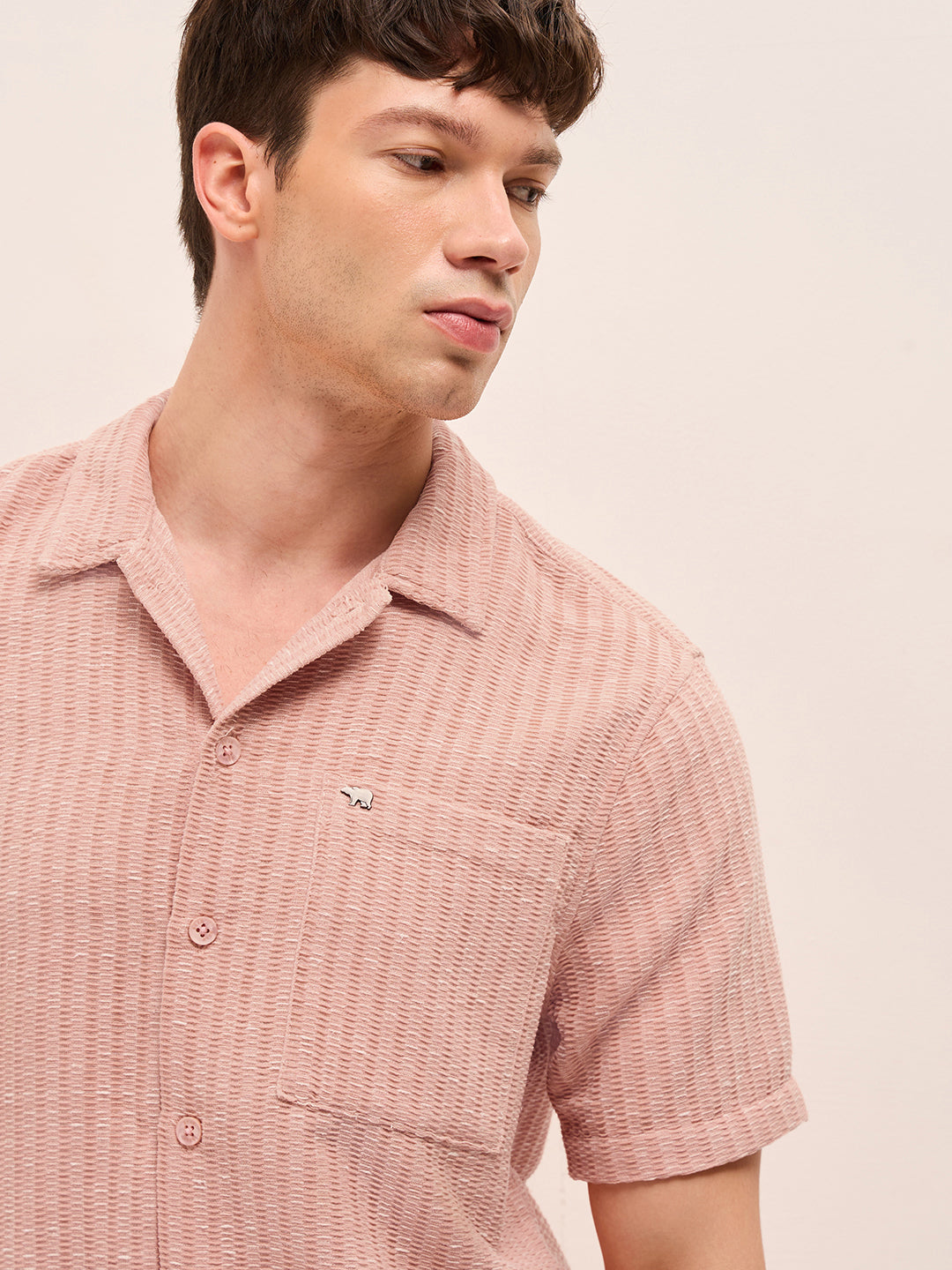 Peach Textured Relaxed Fit Half-Sleeve Casual Shirt
