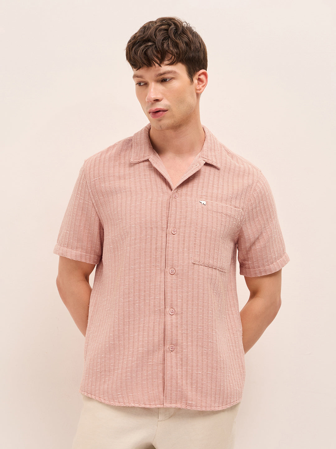 Peach Textured Relaxed Fit Half-Sleeve Casual Shirt