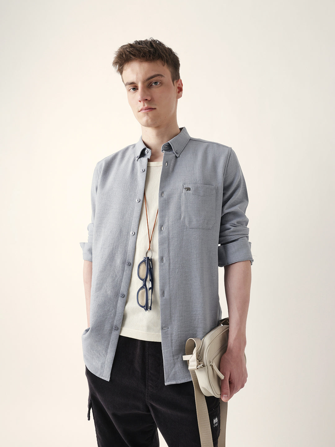 Grey Slub-Textured Woven Slim Fit Casual Shirt