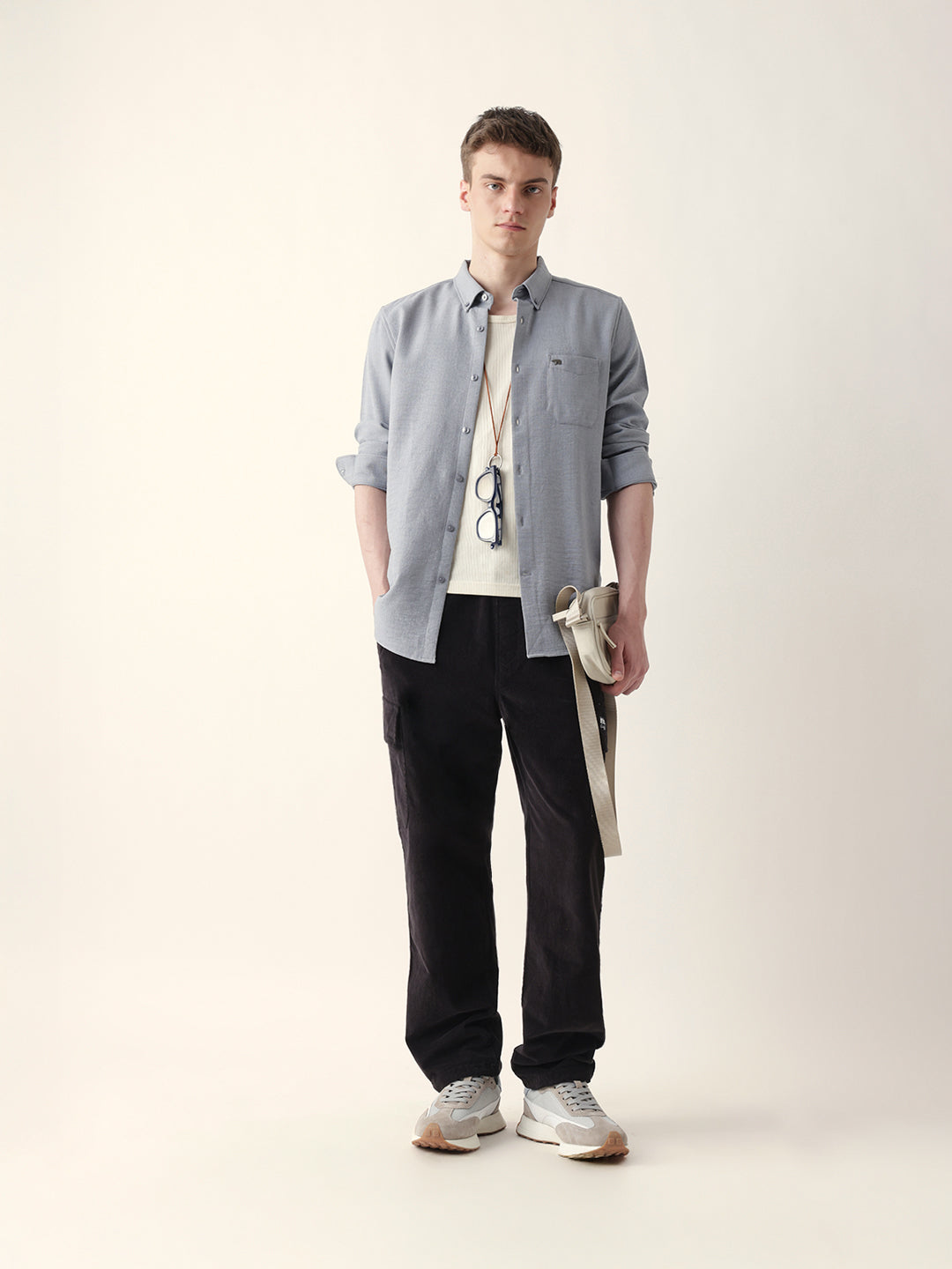 Grey Slub-Textured Woven Slim Fit Casual Shirt