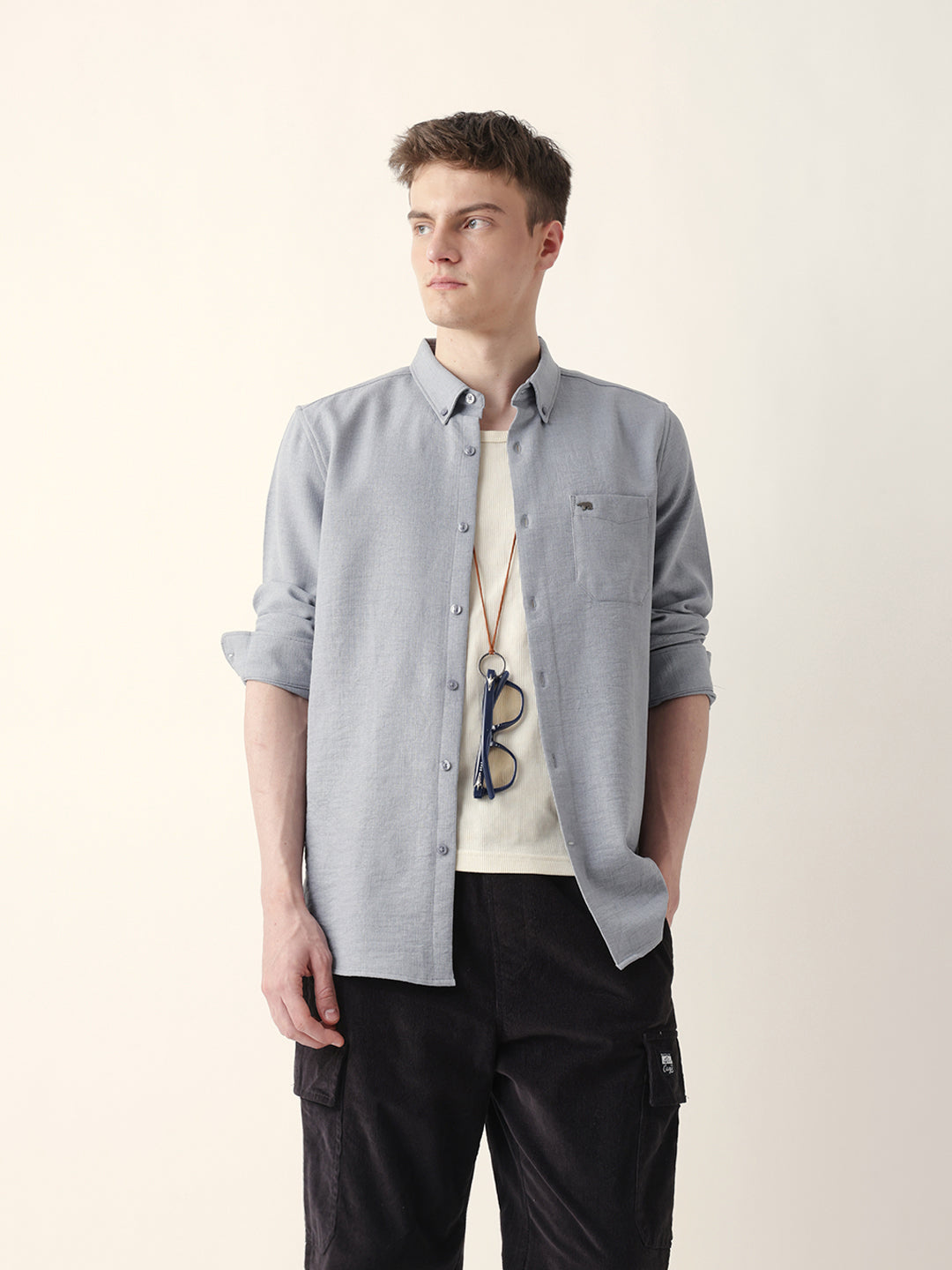 Grey Slub-Textured Woven Slim Fit Casual Shirt
