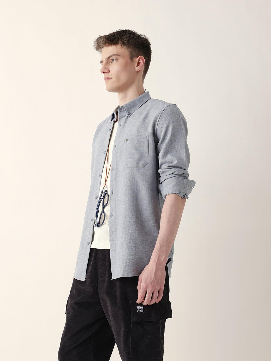 Grey Slub-Textured Woven Slim Fit Casual Shirt