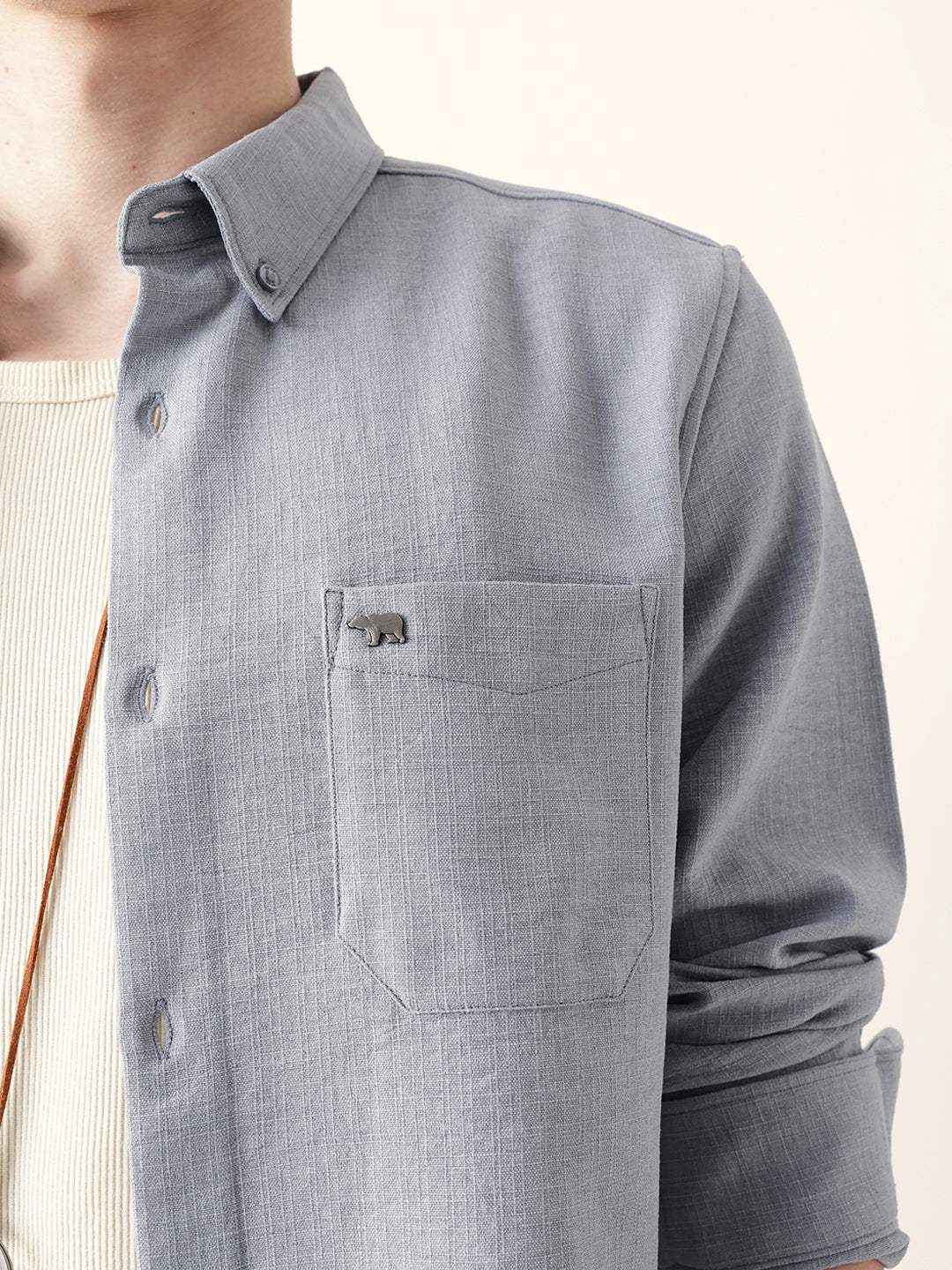 Grey Slub-Textured Woven Slim Fit Casual Shirt