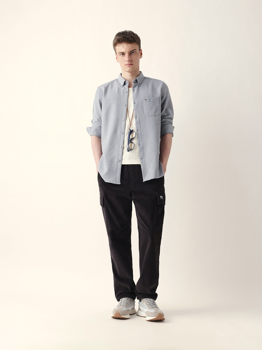 Grey Slub-Textured Woven Slim Fit Casual Shirt