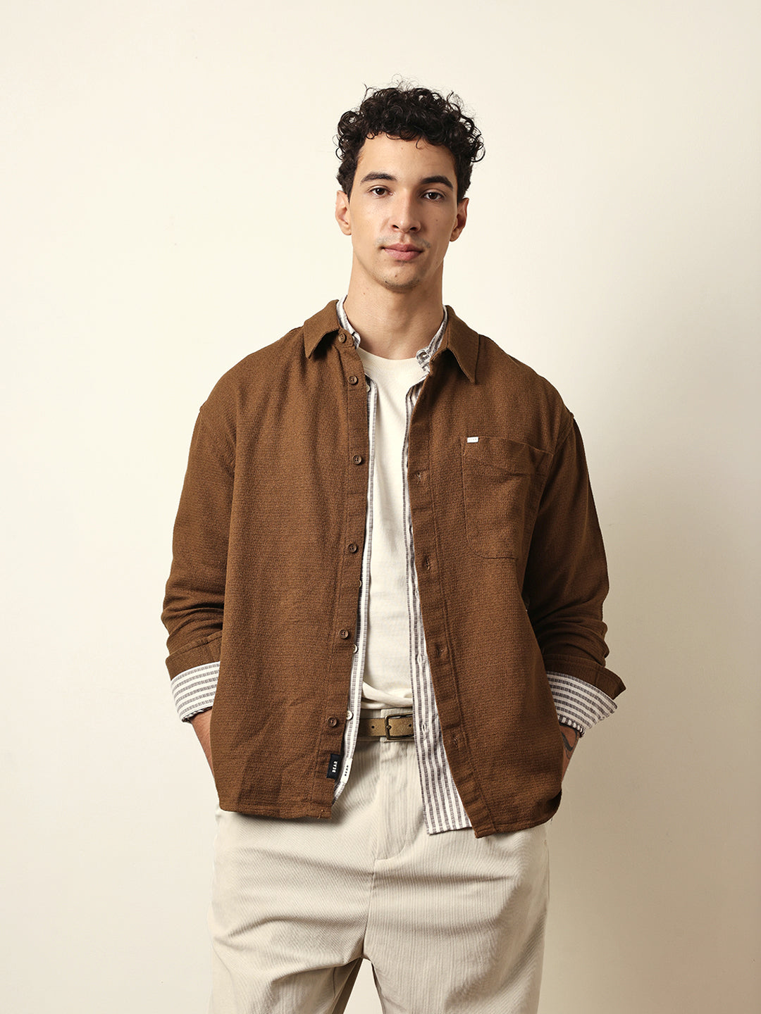 Mustard Textured Crepe Relaxed Fit Overshirt