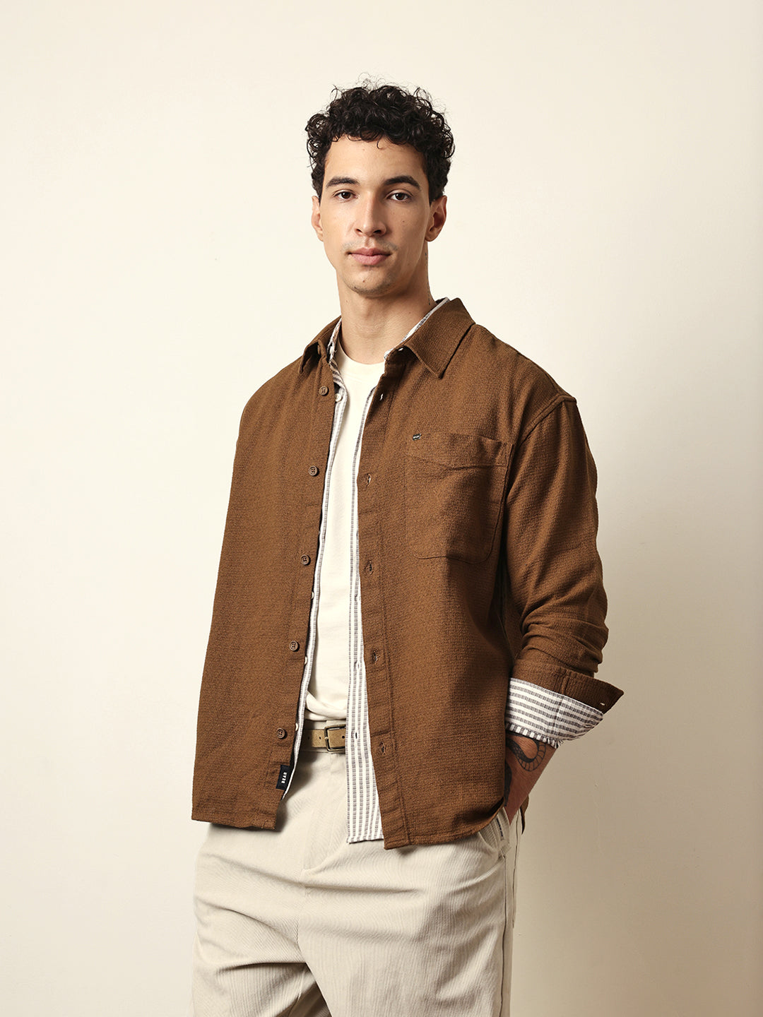 Mustard Textured Crepe Relaxed Fit Overshirt