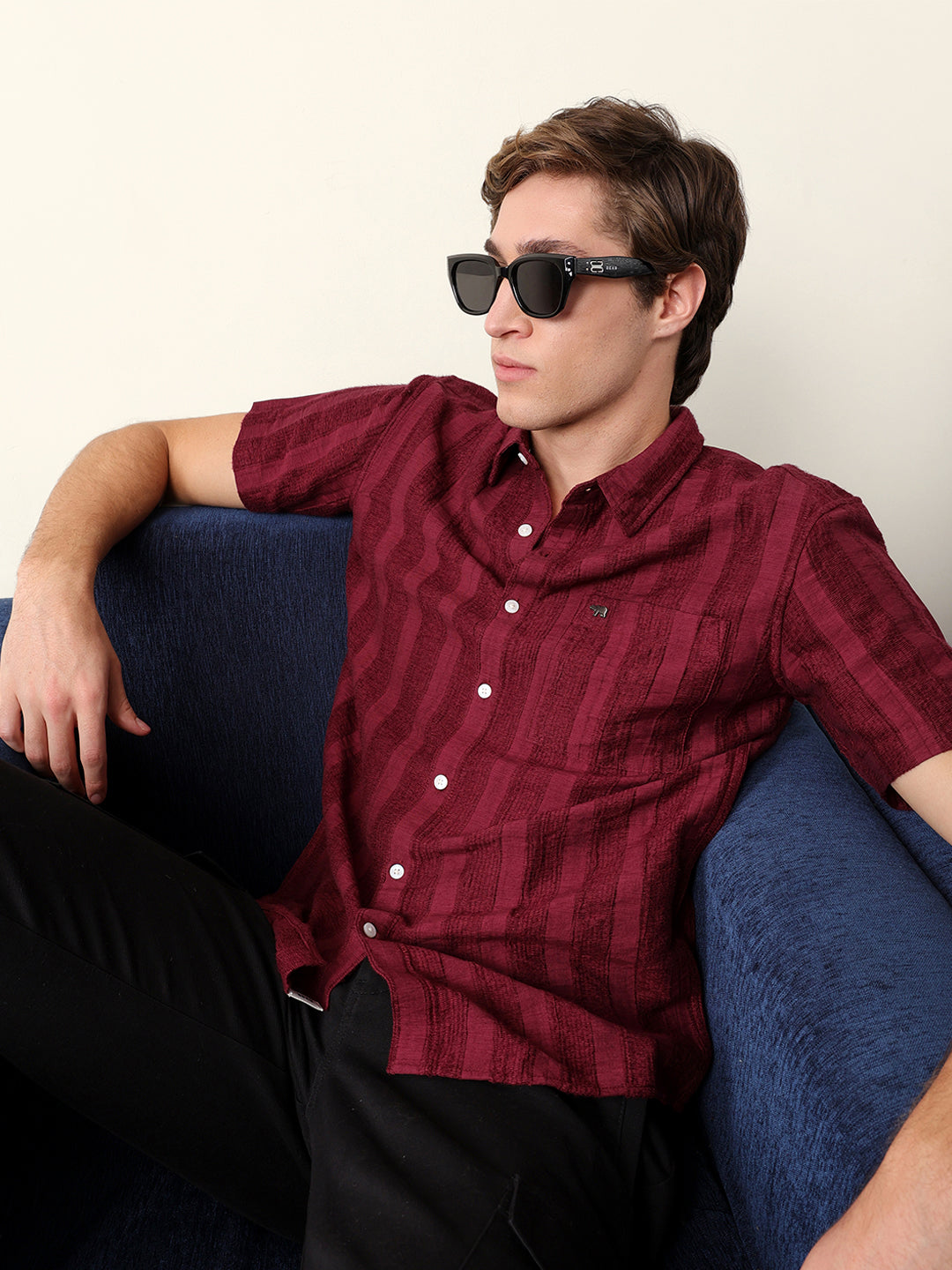 Rust Vertical Stripe Dobby Woven Regular Fit Casual Shirt
