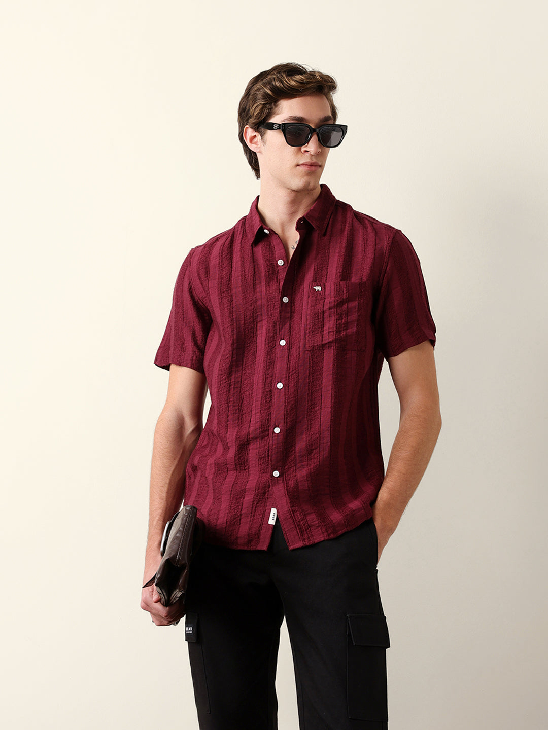 Rust Vertical Stripe Dobby Woven Regular Fit Casual Shirt