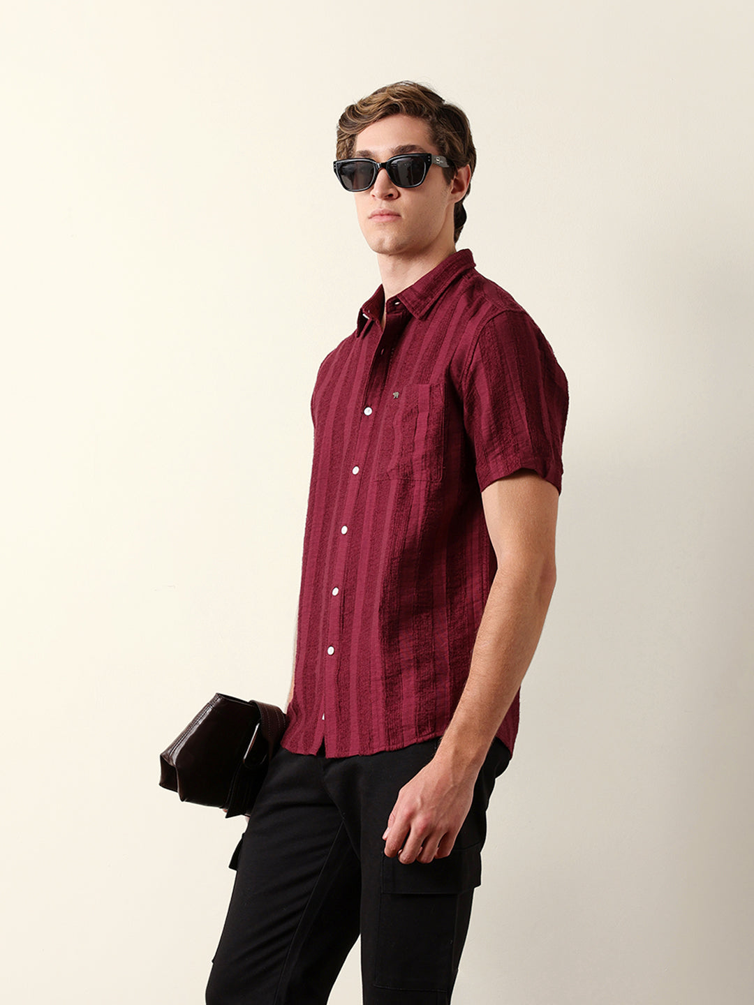 Rust Vertical Stripe Dobby Woven Regular Fit Casual Shirt