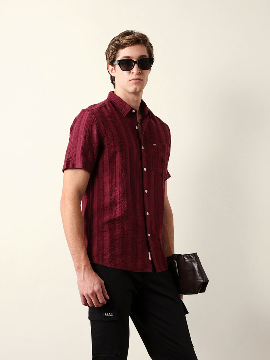 Rust Vertical Stripe Dobby Woven Regular Fit Casual Shirt