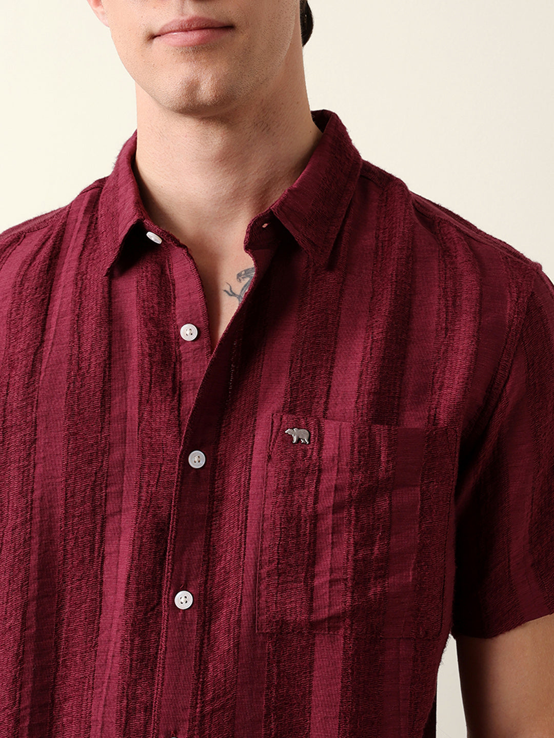 Rust Vertical Stripe Dobby Woven Regular Fit Casual Shirt