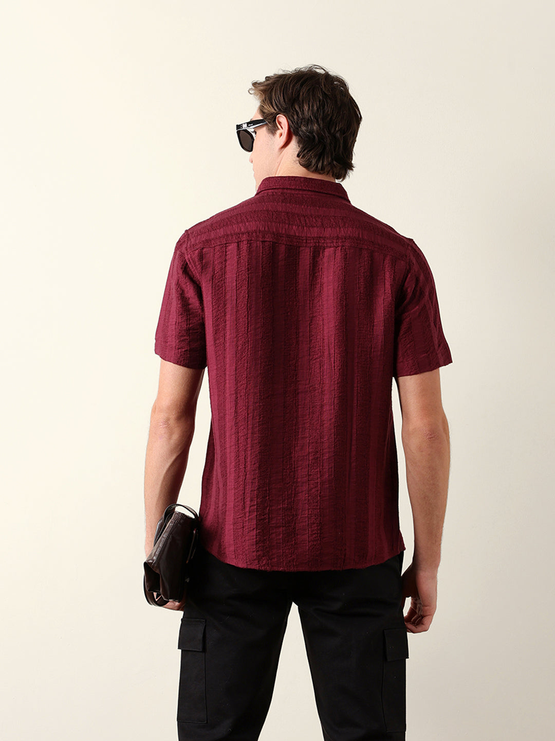 Rust Vertical Stripe Dobby Woven Regular Fit Casual Shirt