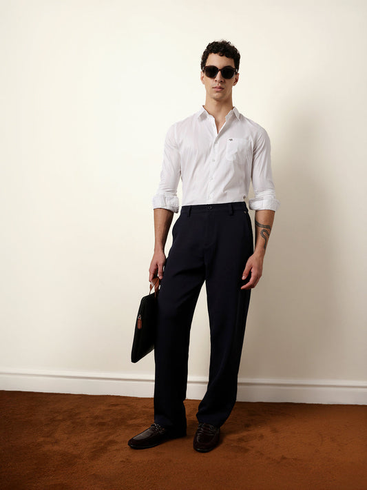 White Woven Textured Solid Slim Fit Casual Shirt