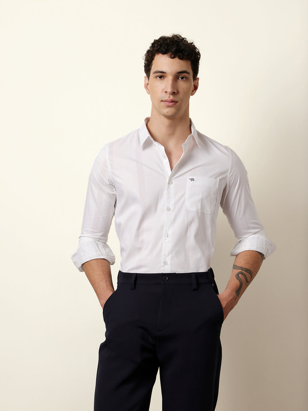 White Woven Textured Solid Slim Fit Casual Shirt