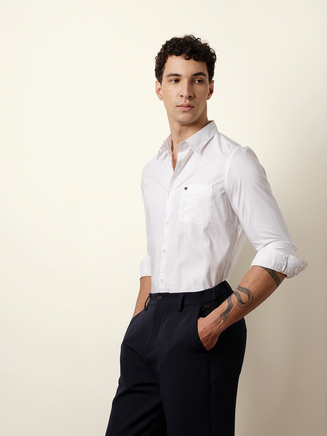 White Woven Textured Solid Slim Fit Casual Shirt