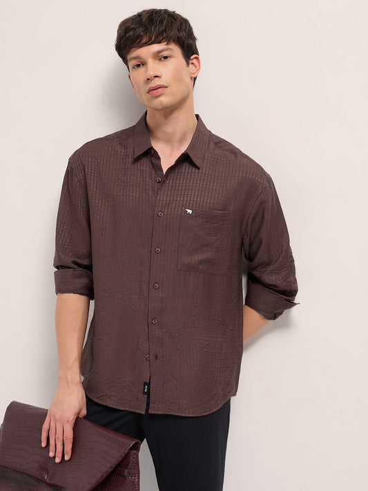 Maroon Crinkled Stripe Textured Relaxed Fit Long Sleeve Shirt