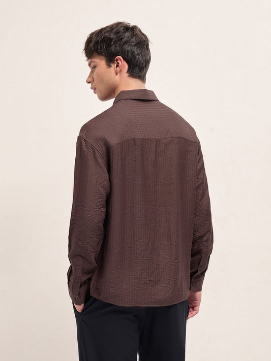 Maroon Crinkled Stripe Textured Relaxed Fit Long Sleeve Shirt