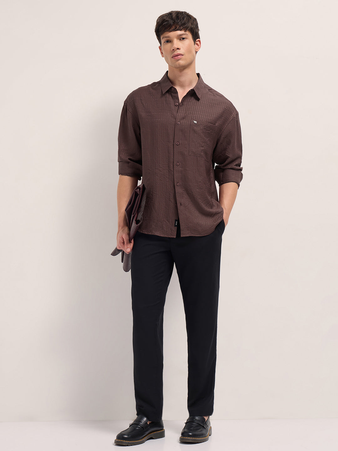 Maroon Crinkled Stripe Textured Relaxed Fit Long Sleeve Shirt