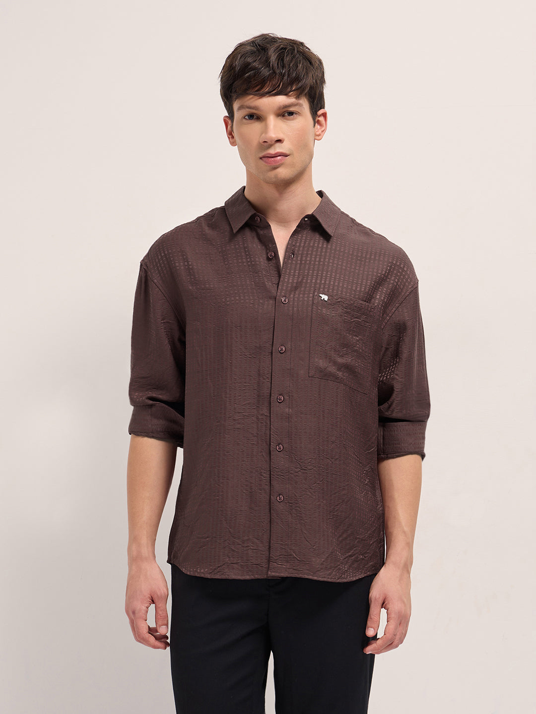 Maroon Crinkled Stripe Textured Relaxed Fit Long Sleeve Shirt