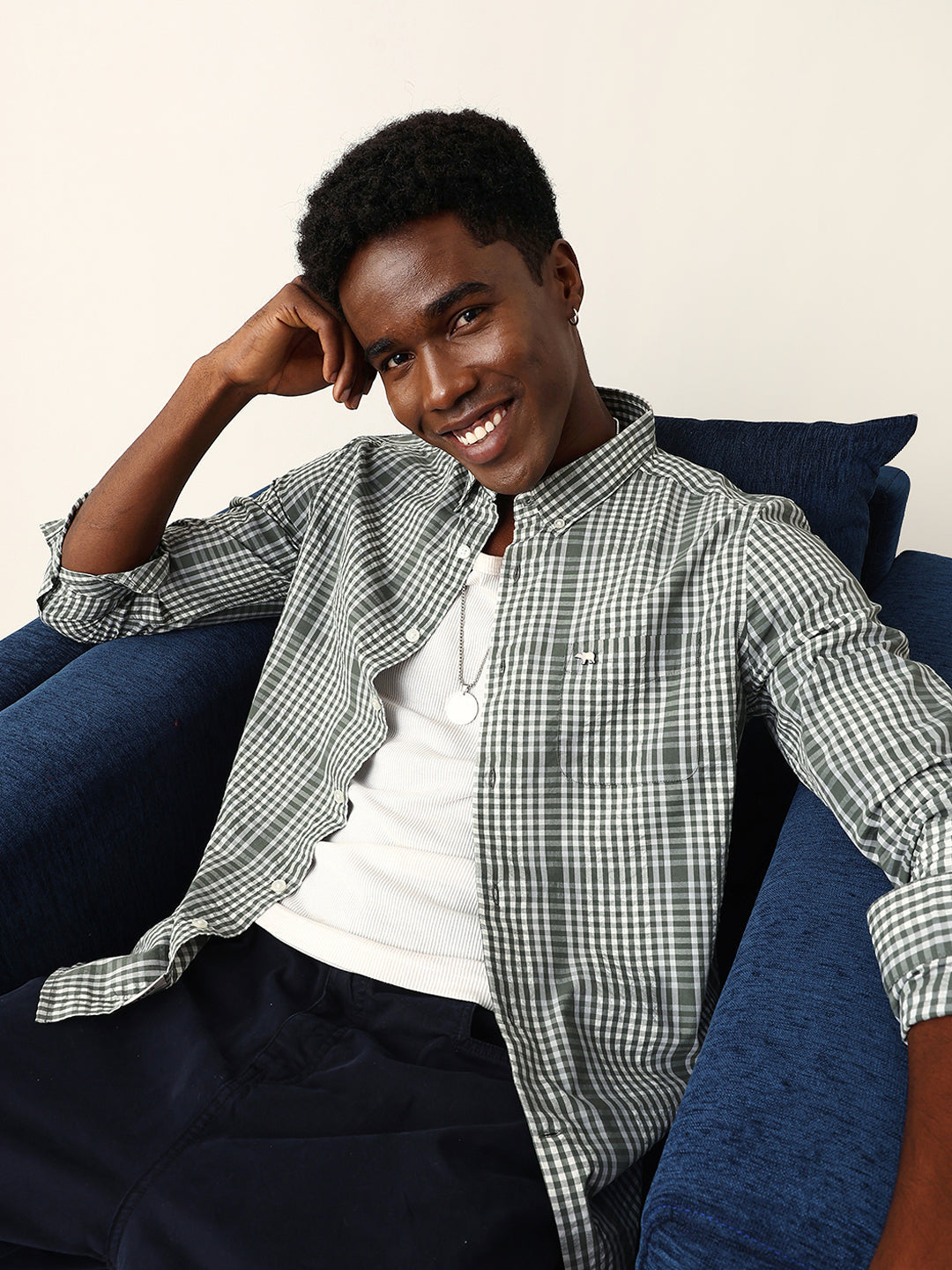 Green & White Woven Micro Checked Slim Fit Casual Shirt