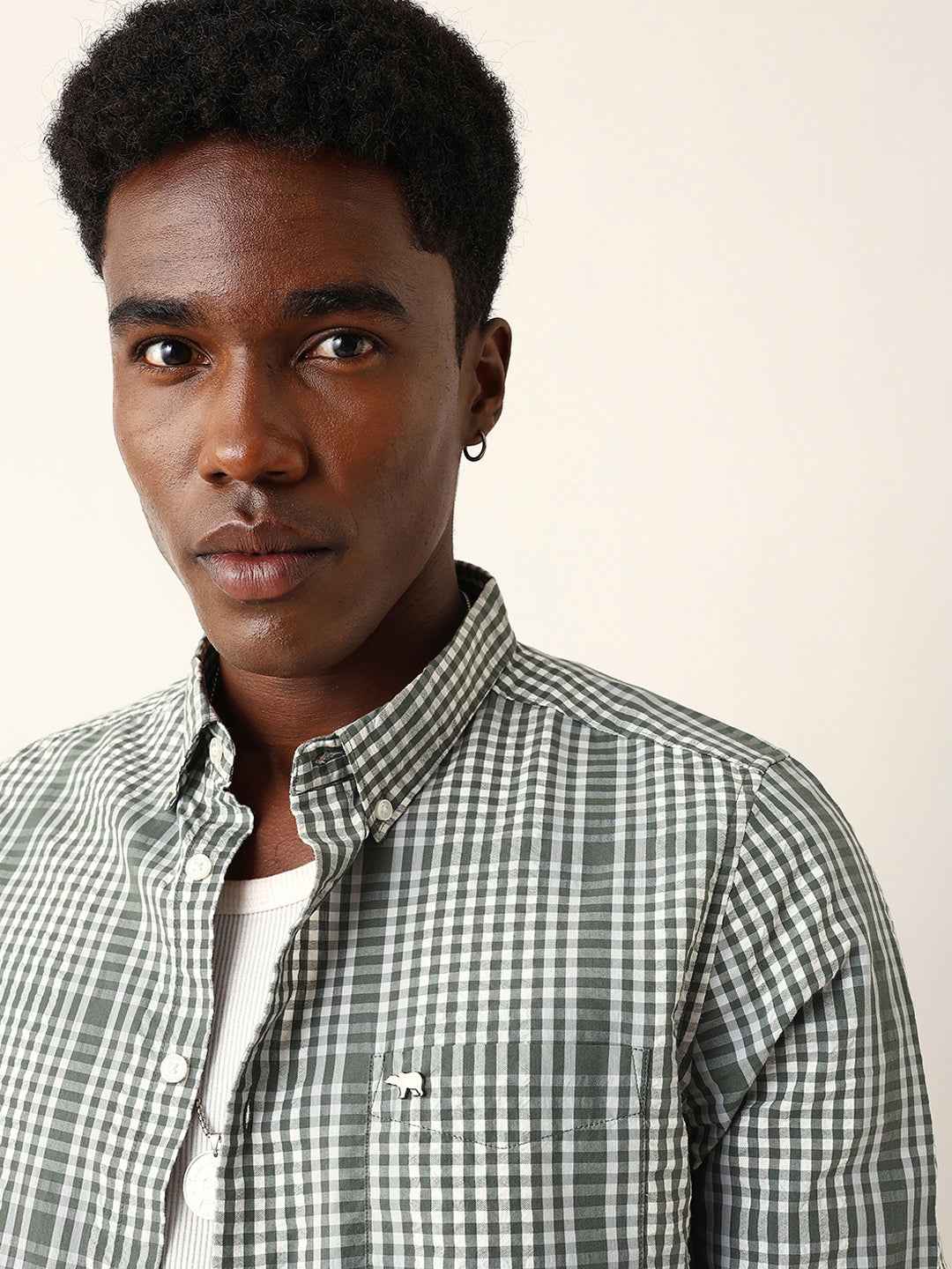 Green & White Woven Micro Checked Slim Fit Casual Shirt