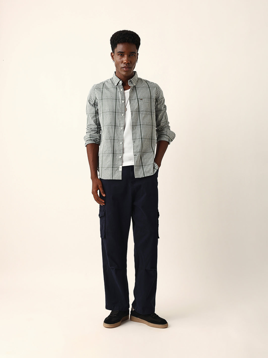Green & White Woven Micro Checked Slim Fit Casual Shirt