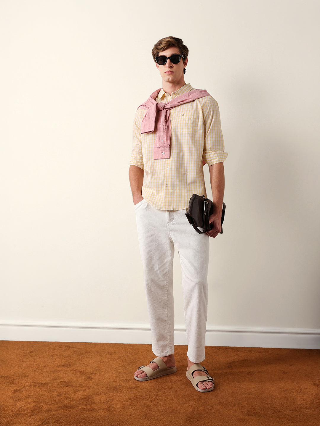 Yellow & White Woven Micro Check Slim Fit Casual Shirt