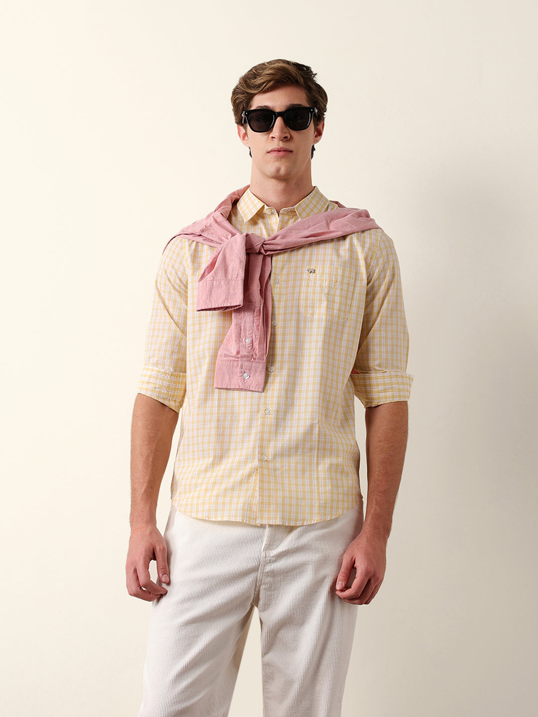 Yellow & White Woven Micro Check Slim Fit Casual Shirt