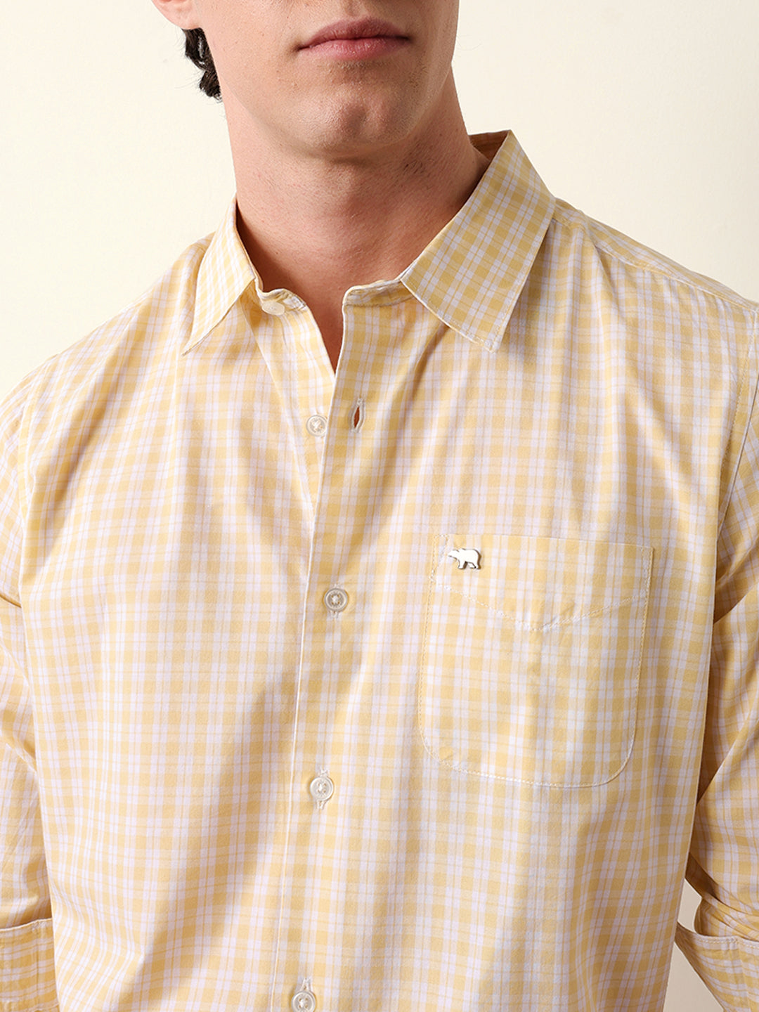 Yellow & White Woven Micro Check Slim Fit Casual Shirt